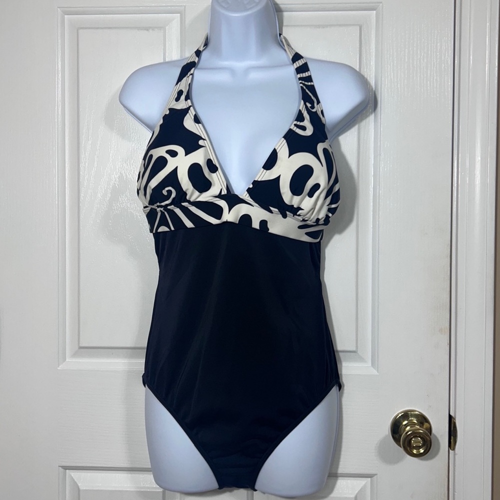 Venus Black White Abstract Print Halter One Piece Swimsuit Size 14 Back Tie